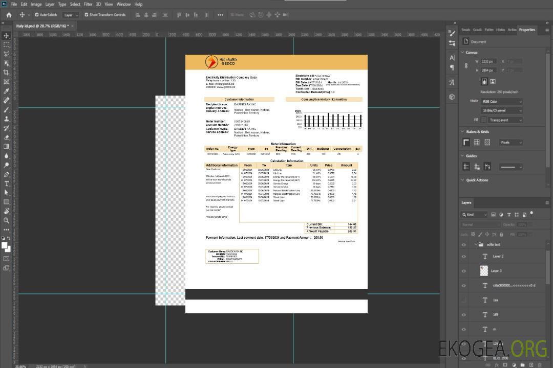Modèle de facture de services publics de la Palestine Electricity Distribution Company Gaza (GEDCO) aux formats Word et PDF template